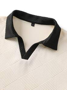 Camvyn Men's Solid Color Jacquard Patchwork Slim Fit Regular Shoulder Airplane Collar Short Sleeve Polo Shirt - Apricot - View 7