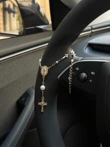 Universal Car Rearview Mirror Rosary (With Pendant) And Cross Evil Eye Rearview Mirror Hanging Ornament, Gold Car Rearview Mirror Metal Medal And Cross Pendant, Cross Bracelet, Virgin Mary Bracelet, Baptism Prayer Bracelet - A - View 5