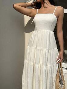 Vestido con escote de tubo plisado de tela texturizada color melocotón claro, con tirantes finos, cintura suelta, estilo relajado para vacaciones - Azul menta - Ver 5