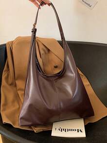 Bolso de hombro de mujer de gran capacidad, de unicolor suave de material de PU, bolso cruzado multifuncional, bolso de mano, bolso cruzado de gran capacidad, bolso de trabajo casual, nuevo - Café integral - Ver 3