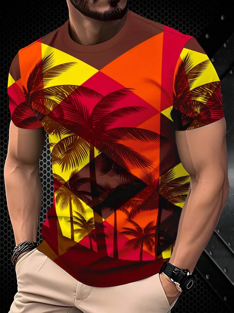 Camiseta deportiva casual para hombre con estampado 3D - Diseño vibrante estilo urbano, corte regular transpirable con cuello redondo, top casual de verano lavable a máquina, regalo genial, - Negro - Ver 1