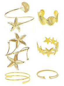 6pcs Minimalist Geometric Arm Cuff Bracelet Set, Personalized Exaggerated Metal Floral Pattern Polished Musical Note Arm Bangle, Suitable For Party, Gift For Friends And Family, Daily Wear - Gold - View 9