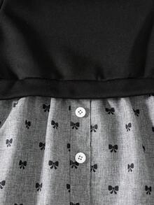 少女校服秋季2件組，新秋返校穿搭，時尚百搭蝴蝶結印花翻領拼接長袖上衣 + 素色休閒直筒長褲套裝，適合戶外穿著 - 黑色 - 查看 4