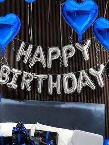 60件組 16英吋銀色 HAPPY BIRTHDAY 字母氣球套組，18英吋藍色愛心氣球，藍色黑色金屬銀乳膠氣球，適用於生日派對、嬰兒洗禮裝飾 - 彩色 - 查看 4