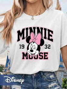 [Officially Licensed By Disney] Women's Crew Neck Graphic T-Shirt - Featuring A Minnie Mouse Design And "Minnie Mouse 1932" Lettering. - White - View 1
