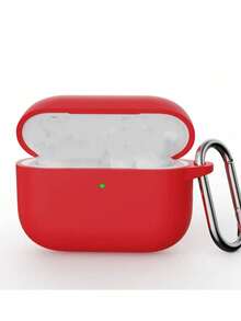1pc Solid Color Silicone Earphone Case Compatible With AirPods With Carabiner - Red - View 3