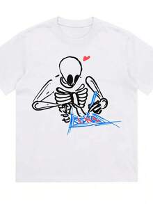 Camiseta de Hombre con Diseño de Esqueleto, Corazón y Laptop, 180g de Algodón Puro, Diseño Deportivo Casual para Amantes de la Tecnología y Nerds, Perfecta para la Primavera - Whirt - Ver 1