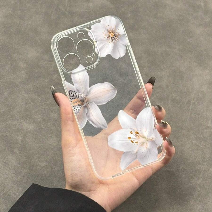 1件 Ins風清新木槿花葉素色圖案太空殼防滑軟手機殼,適用於 iPhone 11/12/13/14/15/16 Pro Max - 彩色 - 查看 1