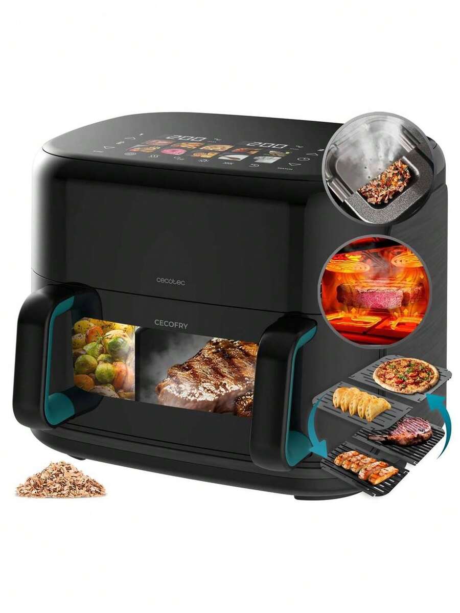 Cecotec Airfryer 10L: Grill & Plancha 3-in-1, Integrierter Smoker, Doppelte Heizung für gleichmäßiges Garen, Zwei 5,5L Fächer, 10 Menüs, 2800W Power, Gesundes Kochen - Verschiedenfarbig - Übersicht 1