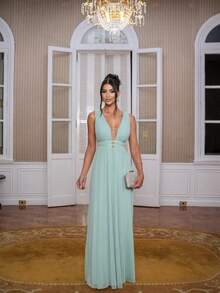 Micro Tulle Long Party Dress Simple Zipper Party Wedding - 薄荷綠 - View 2
