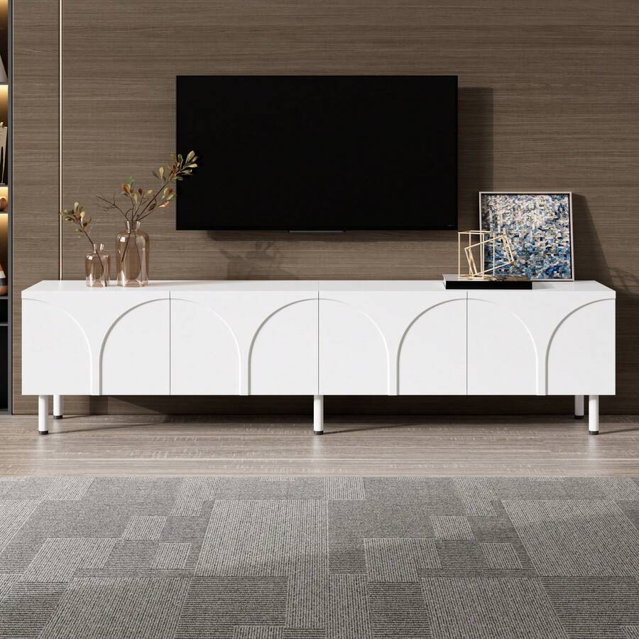 TV Stand/Living Room Side Table With Curved Lines In Three Dimensions, Four Doors, Two Separate Storage Compartments, Metal Legs. - 白色 - 查看 1