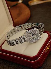 1pc New French Elegant Fashion Rhinestone Waterproof Women's Watch, Retro Casual Exquisite Square Dial Quartz Watch, Stainless Steel Band, Gold And Silver Color Options, Suitable For Daily Life And Outings - Silver - View 10