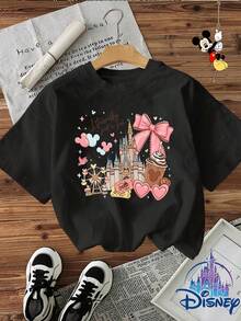 Oversize Playera con Estampado de Castillo Pastel Manga Corta Cuello Redondo Moda Juvenil Estilo Japonés Kawaii Urbano Gráfico Urbana Verano - Negro - Ver 1