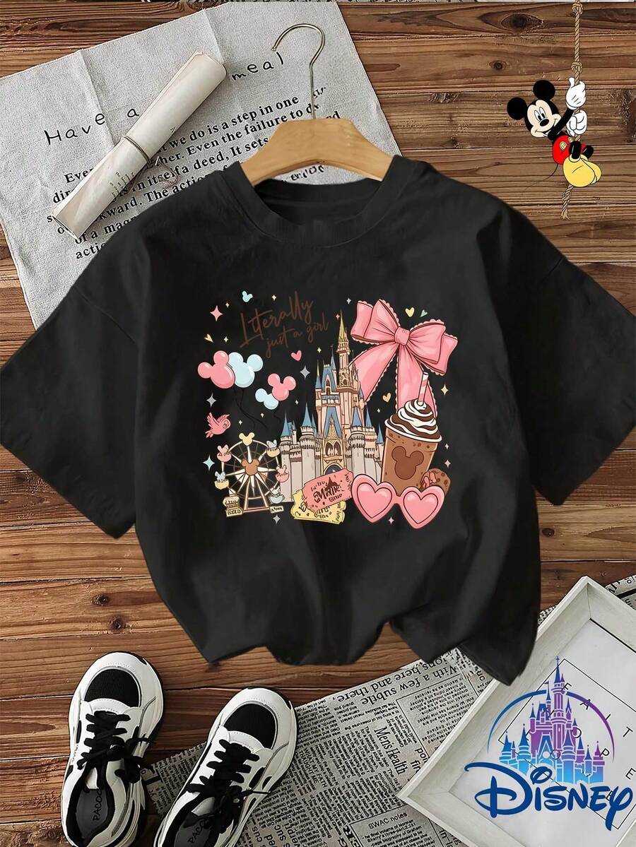 Oversize Playera con Estampado de Castillo Pastel Manga Corta Cuello Redondo Moda Juvenil Estilo Japonés Kawaii Urbano Gráfico Urbana Verano - Negro - Ver 1
