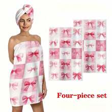 1 Set 4pcs Bow Checkerboard Checkerboard Print Dry Hair Cap Bathrobe Towel Set, Watercolor Hand-Painted Style Pattern, Bathrobe Towel, Dry Hair Towel, Wearable Bath Towel, Women's Bathrobe, Sauna Dress, Bathrobe, Shower Dry Hair Cap, Adult Home Bathrobe Dry Hair Cap Set, Machine Washable, Bathroom Accessories, Bathroom Essentials, Casual Decor, Travel Decor, Gift, Ideal Holiday Gift - Baby Pink - View 2
