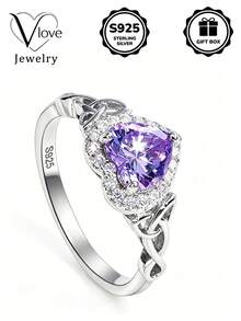 1pc 925 Sterling Silver Celtic Knot Inlaid Purple Synthetic Zirconia Heart-Shaped Ring, Daily Commute Gift Choice, Comes With Gift Box - Silver - View 2