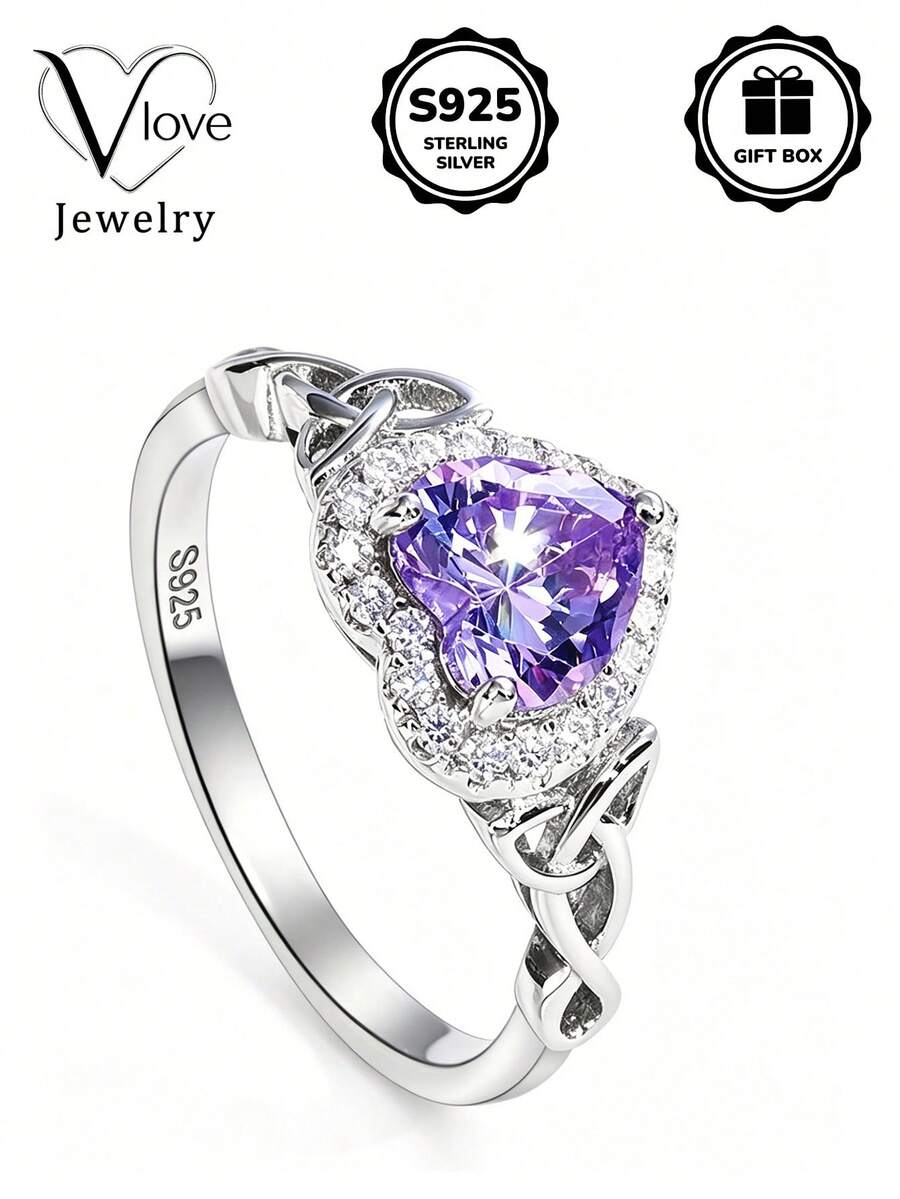 1pc 925 Sterling Silver Celtic Knot Inlaid Purple Synthetic Zirconia Heart-Shaped Ring, Daily Commute Gift Choice, Comes With Gift Box