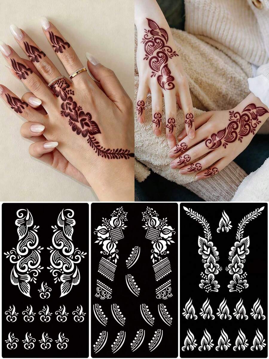 3 Peças/Conjunto Stencils de Tatuagem Oca Desenhada à Mão Hana, Arte de Unhas com Padrão Floral - Design Floral Sexy, Adequado para Mãos, Pintura DIY, Tinta, Adesivos de Modelo de Design Mehndi Reutilizáveis - Preto - Visão 1