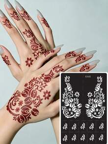 2pcs/Set Hana Hand-Drawn Hollow Tattoo Stencils, Floral Pattern Nail Art Tattoo - Sexy Floral Design, Suitable For Hands, DIY Painting, Ink, Reusable Mehndi Design Template Stickers - Black - View 2