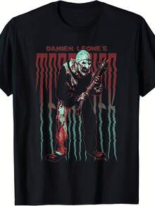 Men's Horror Clown Design T-Shirt - Black Graphic Tee With A Horror Clown And Damien Leon Logo, Casual Crew Neck For Horror Movie Enthusiasts - 黑色 - 查看 1