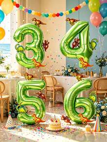 32-Inch Green Number 2 Dinosaur Balloon, Tyrannosaurus Rex, Velociraptor, Triceratops, Stegosaurus Foil Balloon, Suitable For Children's Birthday, Cute Dinosaur Baby Shower Party Decorations - View 1