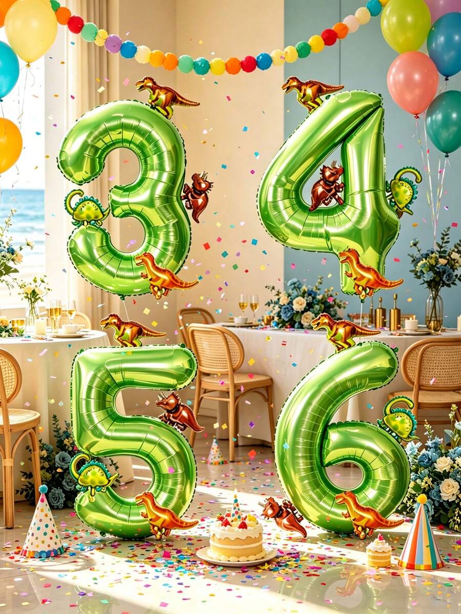32-Inch Green Number 2 Dinosaur Balloon, Tyrannosaurus Rex, Velociraptor, Triceratops, Stegosaurus Foil Balloon, Suitable For Children's Birthday, Cute Dinosaur Baby Shower Party Decorations - View 1