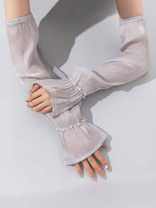 1 Pair Pearlescent Chiffon Pearl Trim Bell Sleeve Arm Covers, Soft Thin Breathable Styling Arm Warmers - Gray-260 - View 3