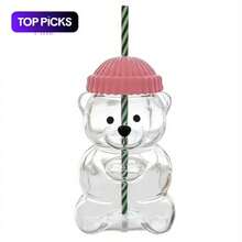 Tasse en verre vintage motif ours mignon – Gobelet ours en peluche avec couvercle en forme de chapeau et paille rayée pour café et boissons froides - défaut - Voir 1