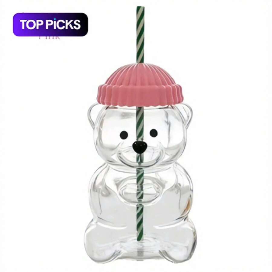 Tasse en verre vintage motif ours mignon – Gobelet ours en peluche avec couvercle en forme de chapeau et paille rayée pour café et boissons froides - défaut - Voir 1