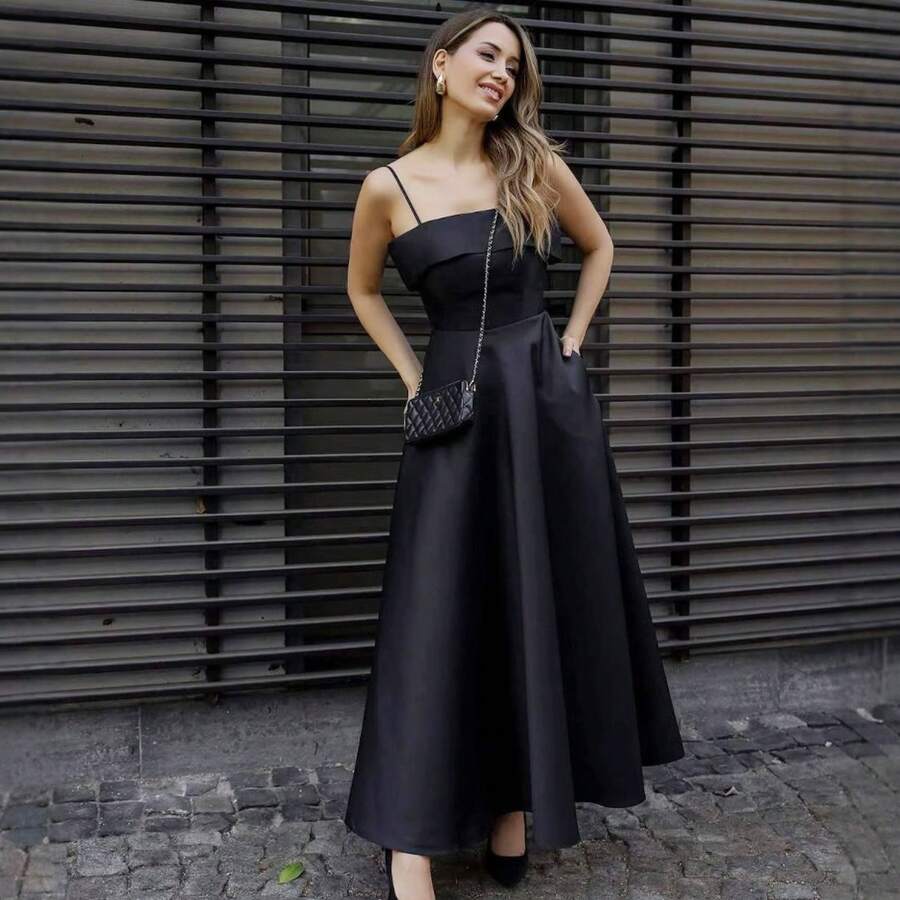 Vestido de noche elegante de satén con tirantes, estilo vintage francés, novedad de verano, estilo europeo y americano. - Negro - Ver 1