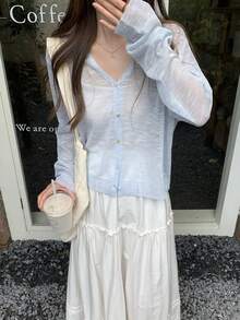 Spring/Summer V-Neck Loose Thin Casual Versatile Sun Protection Knit Cardigan Top For Women - Baby Blue - View 5