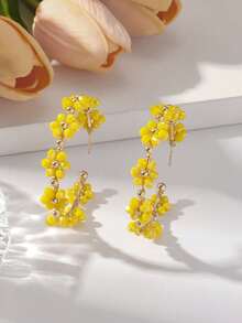 Pair Fashionable Exaggerated Colorful Floral Hoop Earrings For Women, Luxury Delicate Crystal Flower-Shape Earrings, Suitable For Daily, Vacation, Party Wear (Handmade Beads Color And Me - Amarillo - Ver 5