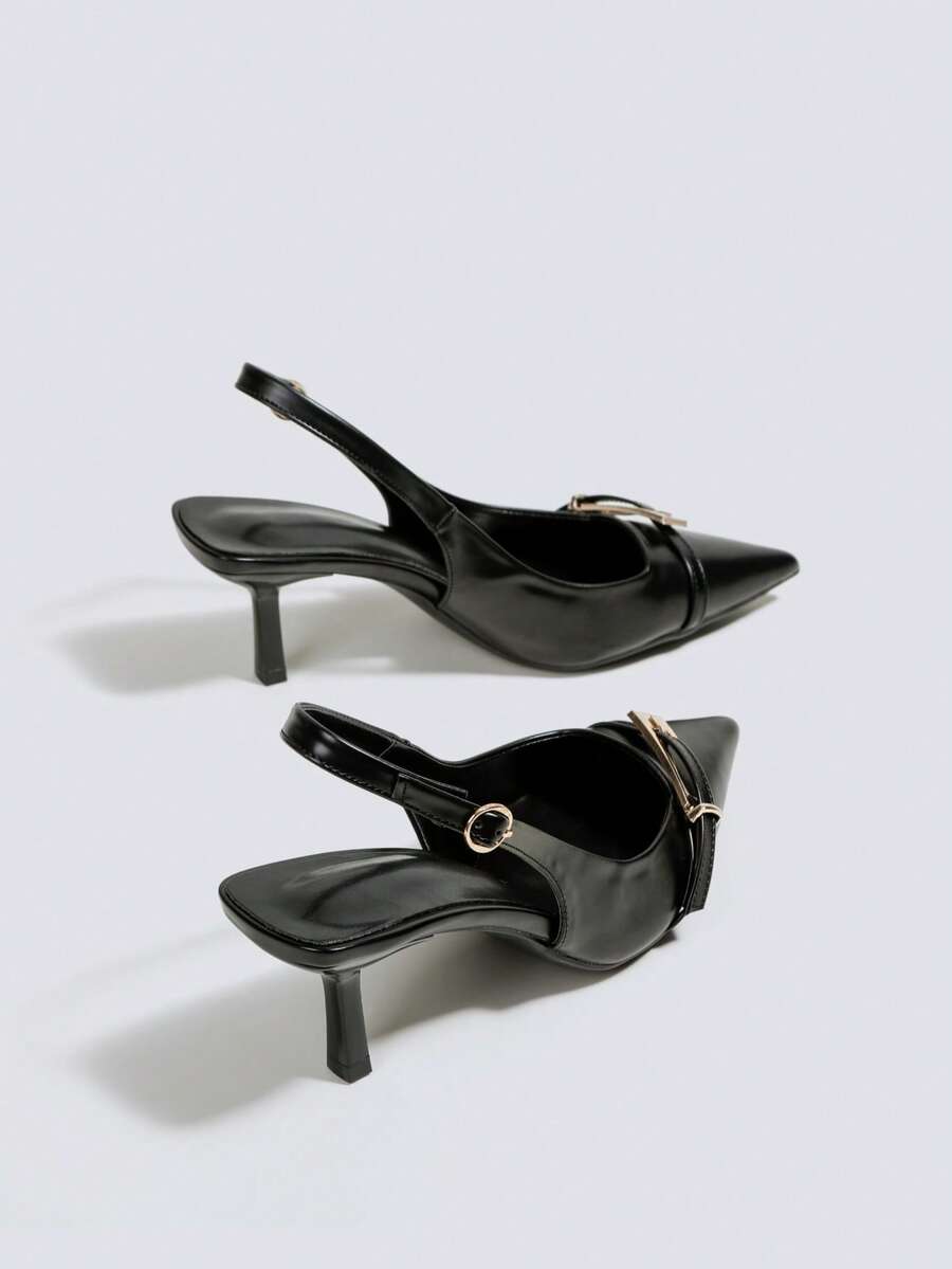 Women's Fashion Versatile Pointed Toe Buckle High Heel Pumps - Black - View 1
