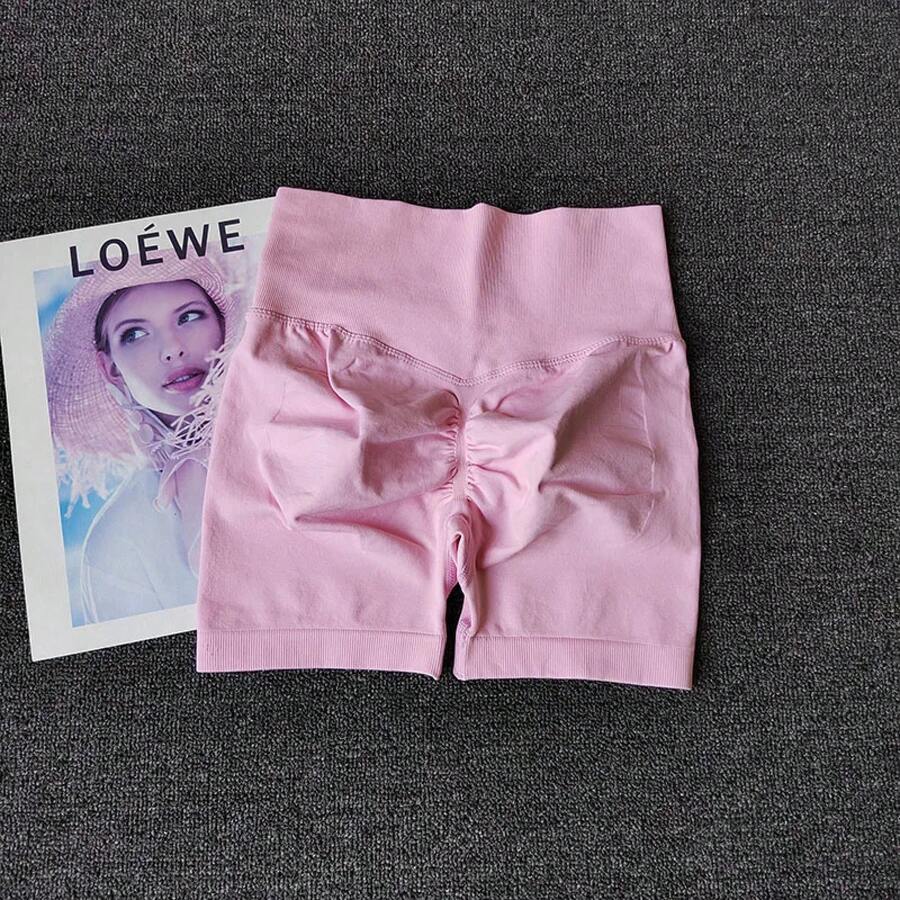 Peach Yoga Shorts For Girls, High Waisted Crisscross Shorts, Snap Knit, Running, Sports, Elastic, Tummy Lift, Butt-Skimming Shorts - 淺粉色 - 查看 1