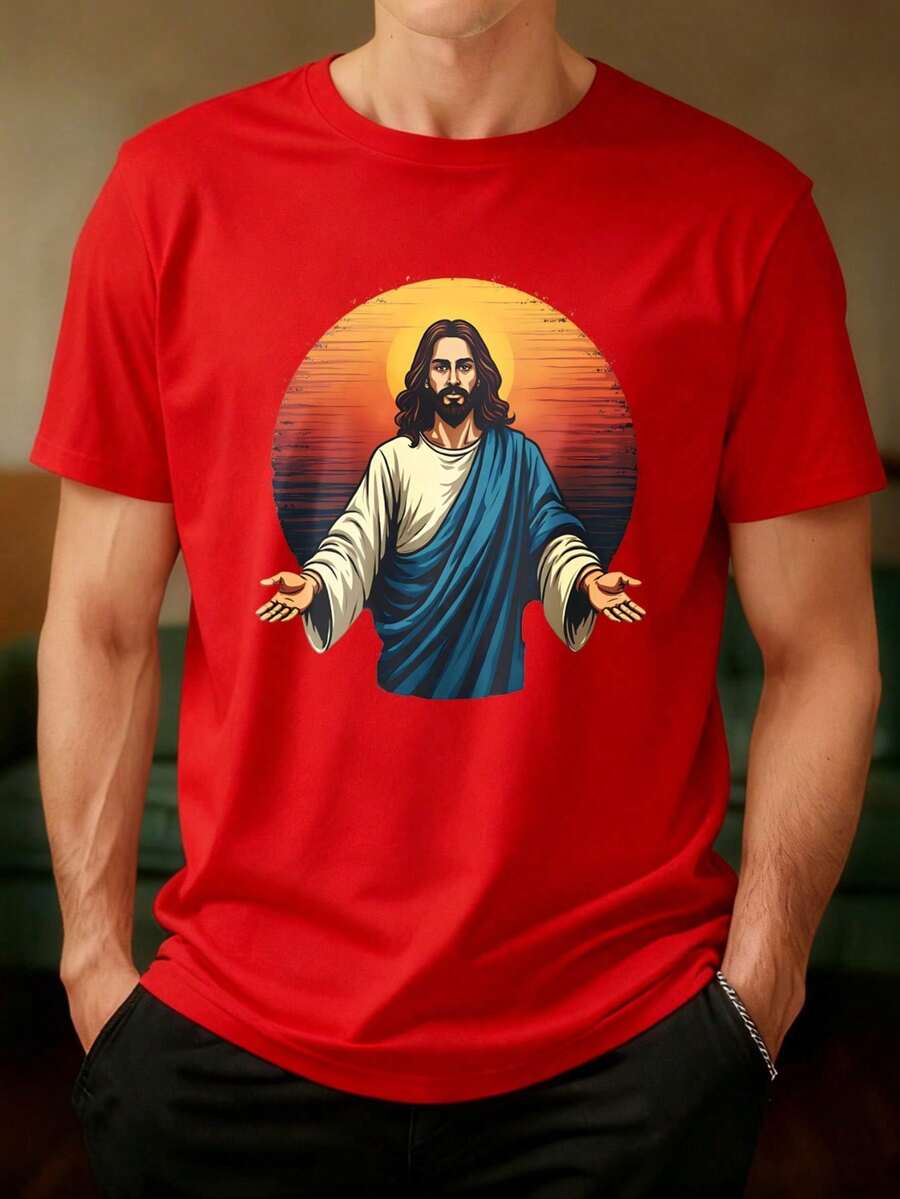 Black Short Sleeve T-Shirt With Sunset Jesus Print, Religious Design For Daily Wear And Spiritual Events - Burgundy - View 1
