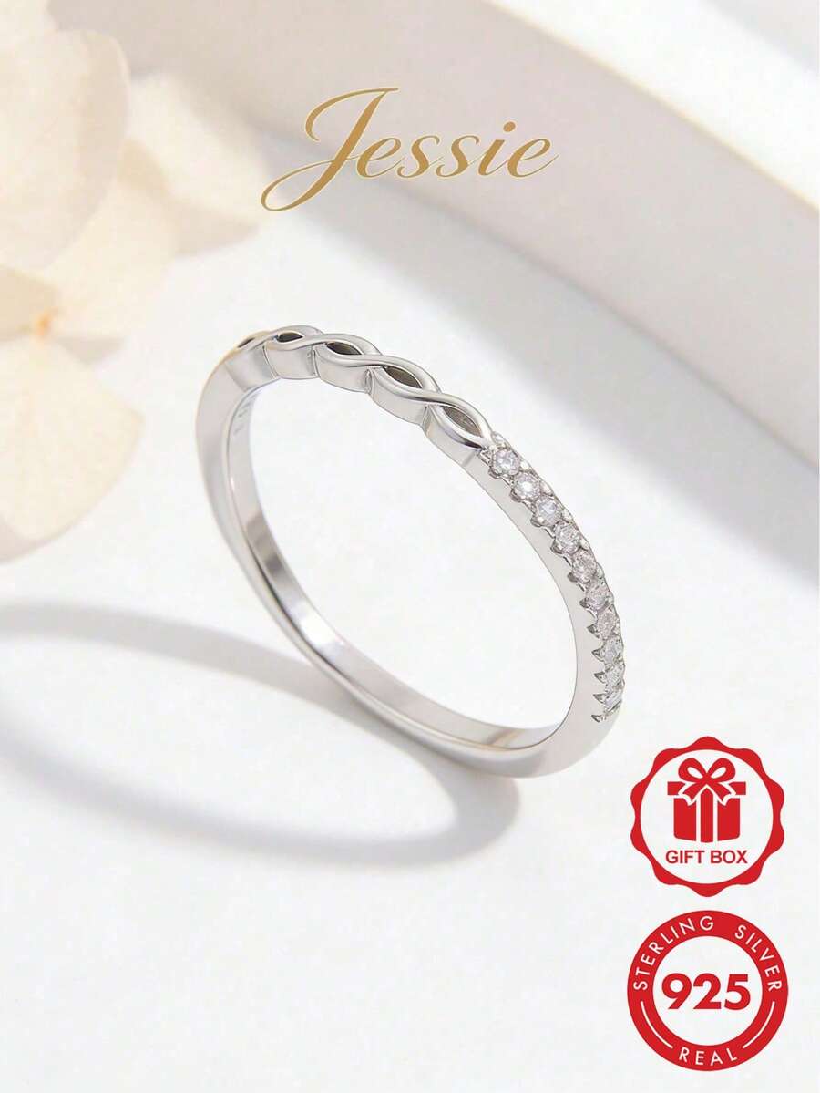 1pc Elegant & Chic 925 Sterling Silver Cubic Zirconia Hollow Twisted Ring, Fashionable Accessory For Dates, Parties, Daily Wear, Showcasing Charm, Gift - Silver - View 1