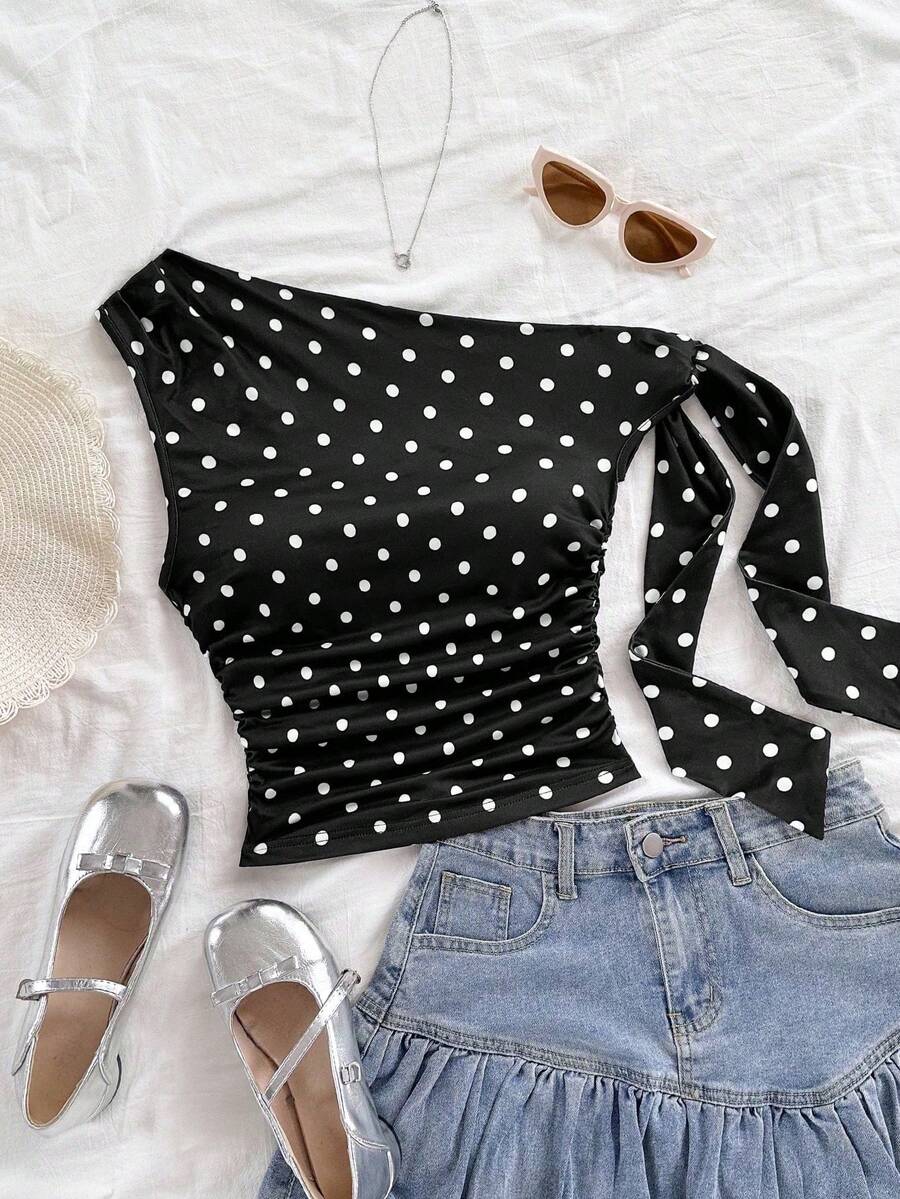 Women's Polka Dot Sleeveless Blouse With Ruching And Front Bow For KQTV - 黑白 - 查看 1