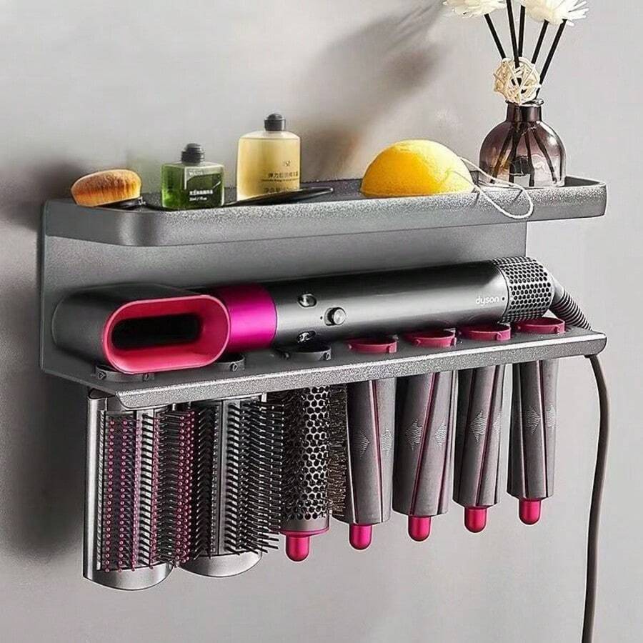 Wall-Mounted Curling Iron Storage Rack Hair Dryer Holder No-Drill Hair Tool Hanging Rack Bathroom Hair Dryer Storage Shelf Drill / No-Drill Dual-Use Storage Rack Space Aluminum Material, Suitable For Bathroom, Bedroom, Hair Salon, Equipped With Two Installation Methods - Multicolor - View 1