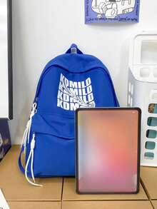 扭曲文字印花帆布筆電後背包,復古克萊因藍學生書包,適合上學、旅行與日常使用 - 藍色 - 查看 5