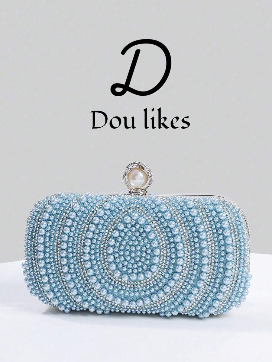 Elegante bolso de mano de noche con perlas azules en forma deágrima, bolso de mano de alta gama para vestido cheongsam, con cadena de metal, elegante bolso de fiesta para dama, adecuado pa - Rosa 3 - Ver 1