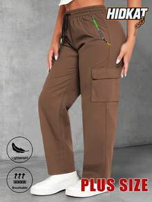 Hidkat Plus Size Women's Spring/Autumn Letter Print Cargo Pants With Drawstring Waist, Suitable For Casual Outdoor Wear Sports - Camel - View 2