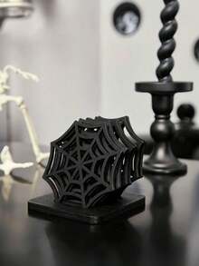Halloween Spider Web Wooden Coaster, Creative Hollow Desktop Decoration, Gothic Style Personalized Pot Holder, Suitable For Party, Wedding, Birthday, Holiday, Home Decor - Black - View 1