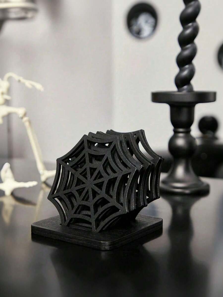 Halloween Spider Web Wooden Coaster, Creative Hollow Desktop Decoration, Gothic Style Personalized Pot Holder, Suitable For Party, Wedding, Birthday, Holiday, Home Decor - Black - View 1