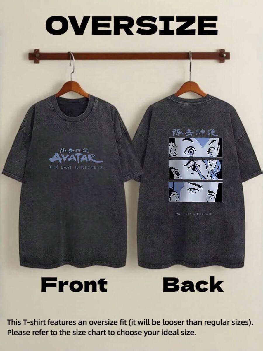 Camiseta Negra Oversized Vintage Lavada Unisex 2026| Manga corta, cuello redondo, diseño geométrico con retratos del de : La Leyenda de Aang, moda de alta calidad, tela de elast - Negro - Ver 1