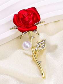 Broche decorativo de flor de rosa roja con strass - Rojo 2 - Ver 4