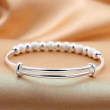 Vòng tay hạt bạc 925 mạ bạc sang trọng cho nữ, trang sức thời trang dự tiệc cưới, thiết kế điều chỉnh kéo-đẩy - Bạc - Xem 2