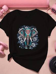 Camiseta unisex, con ilustración de elefante, camiseta deportiva de manga corta para mujer, blusas para mujer, camisas de mujer, blusa, camisas - Negro - Ver 1