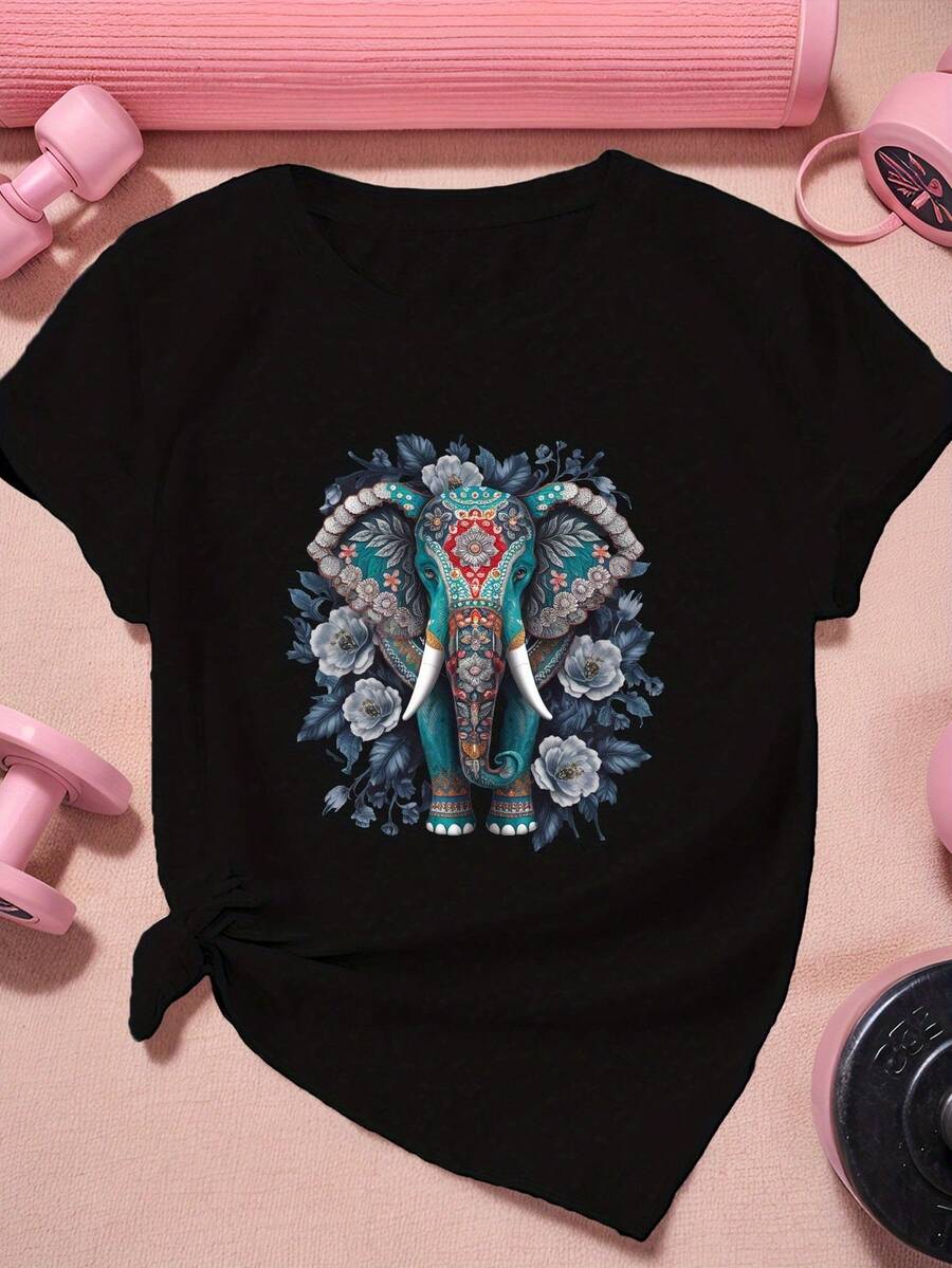 Camiseta unisex, con ilustración de elefante, camiseta deportiva de manga corta para mujer, blusas para mujer, camisas de mujer, blusa, camisas - Negro - Ver 1