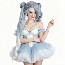 Peruca de Anime Cosplay Pré-Estilizada Ombré Prateado para Branco Longa e Cacheada com Duas Caudas, Coques Duplos e Franja para Personagens Femininas em Temas de Fantasia ou Ídolo, Cabelo Sintético Premium Resistente ao Calor com Maria-Chiquinhas Volumosas e Pontas Onduladas para Uso Diário, Festa e Halloween - Multicolorido - Visão 2
