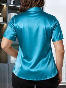 HOMEYEE 大码女式纯色短袖衬衫，春夏时尚办公服饰 - 薄荷藍 - 查看 3